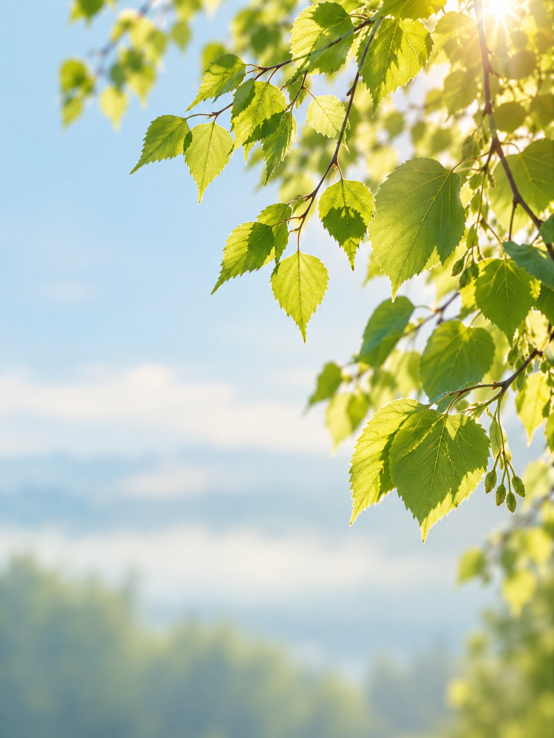 Feuilles de bouleau dans la lumière du matin
