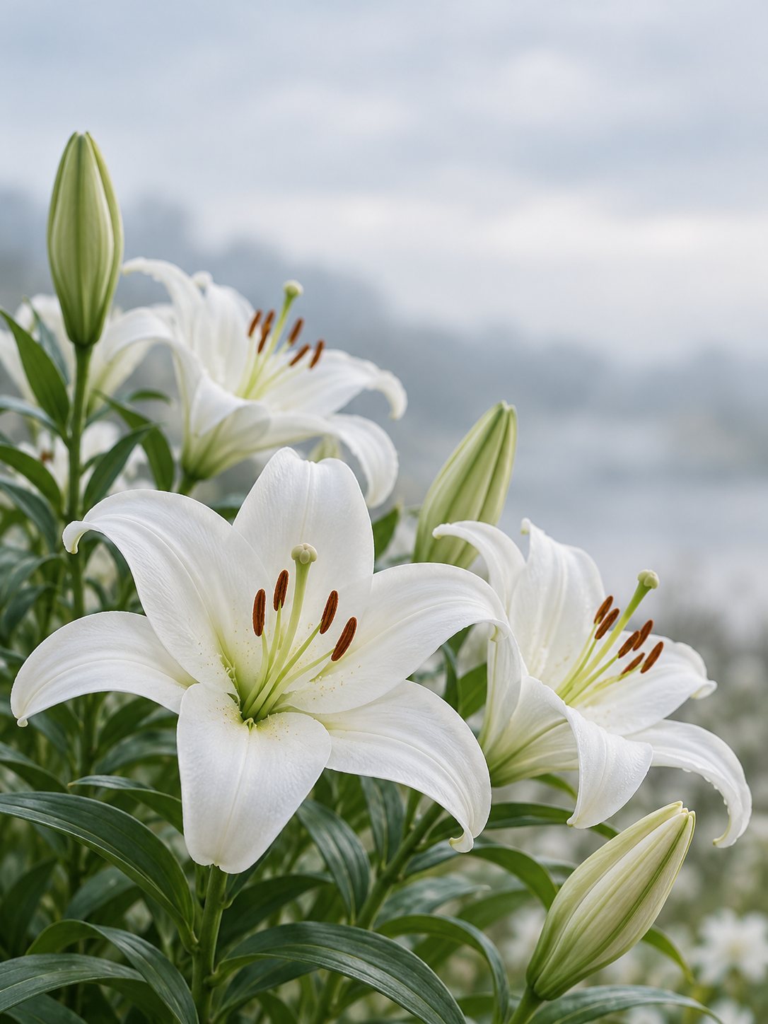 Lys blancs dans une lumière douce du matin